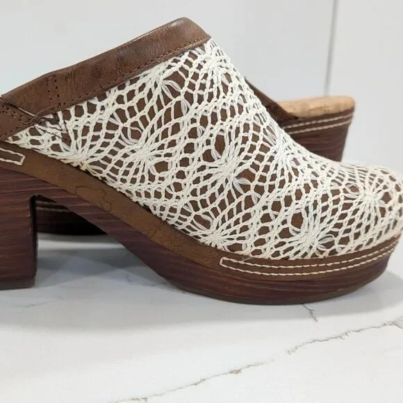 KORKS Women's Nora Clog Tan Crochet Overlay Slip On Wooden Platform Shoes 8 Boho - Picture 6 of 15